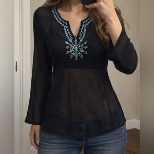 Sirens Y2K Sheer Black Beaded Blouse Women Small Fairy Boho Whimsygoth Going Out